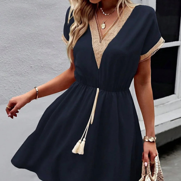 Navy Blue Casual Women's Stylish Summer V-Neck Fringed Belted Dress - Picture 5 of 7